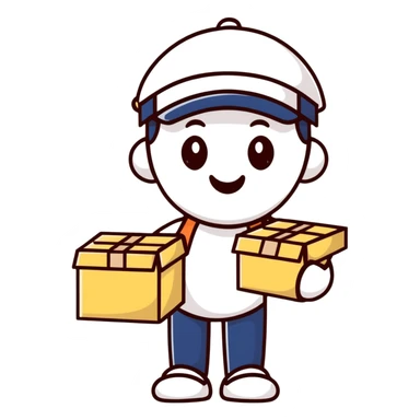 A cheerful character with delivery boxes and a clipboard, representing a reliable supplier sticker