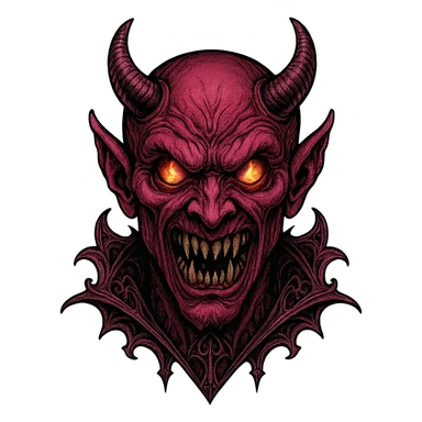 scary pink devil with fiery eyes, sharp teeth, pink skin, gothic details sticker