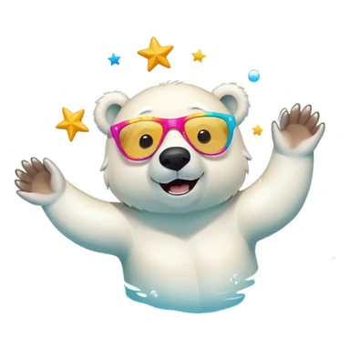 friendly anthropomorphised polar bear swimming in a crawl pose, wearing oversized colorful star glasses, excited expression, no festive outfit sticker