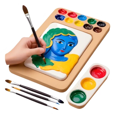 Lacquer miniature making on papier-mâché icon, small painted scene in progress on papier-mâché surface, fine brush strokes, vibrant colors, paintbrush, palette, tools, minimalistic style, clean lines, transparent background. sticker