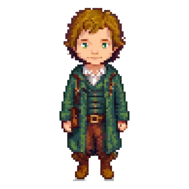 Whole body image of bilbo baggins from the hobbit movie in pixel art style. Bilbo is younger. Make Bilbo look like the actor that portrayed him in the movie, Martin Freeman. Bilbo is wearing the same outfit he was wearing when he left the shire with Thorin Oakenshield. sticker