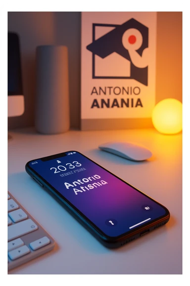 A photo of an iPhone on the desk with the message "Antonio Anania" on its screen, The phone sits atop a desk with a blurred background that suggests work environment. A faint glow from above casts gentle shadows across the surface of each object, creating depth and highlighting their textures sticker