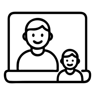 Minimalist illustration of a virtual meeting with two smiling individuals, one on a laptop screen, expressing connection and communication. sticker