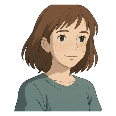 portrait of white woman with freckles, brown shoulder-length hair, Ghibli style sticker
