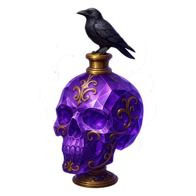 crystal, luxurious skull-shaped elixir bottle, violet, lots of glowing, facets, ornaments, golden details, magical effects, very small golden neck, transparent background, beautiful connected base, clearly floating in the air, no base or shadow, small crow on top, premium class, matching the collection sticker