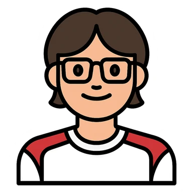 Dark-haired guy with hair to his earlobes, square black glasses, brown eyes sticker