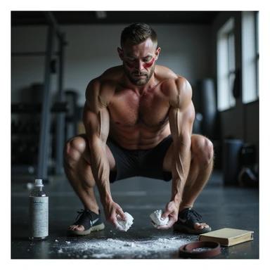 30-year-old muscular man, sweaty, performing heavy squat in gym, hands with chalk, training diary nearby, dark circles and redness on joints, water bottle, magnesium, belt on floor, blurred real gym background, cold lighting, cinematic realism style sticker