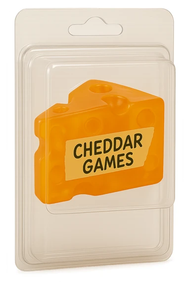 Create a realistic plastic packaging for a retail toy or collectible product containing a clear orange cheddar cheese block labeled 'Cheddar Games'. The packaging should look like a retail toy or collectible box with transparent plastic, no background, and showcase the cheese block clearly inside the packaging. sticker