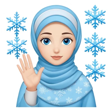Turkish beautiful finish Konya girl blue eyes with light blue winter design hijab islamic dress and had on her hand snowflakes and she wave one's hand sticker