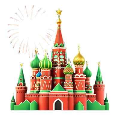Apple style 3D emoji of New Year fireworks over Moscow. Vibrant multi-colored sparkling bursts (red, gold, green) in the sky. Below, a simplified glossy 3D silhouette of the Kremlin towers with glowing red stars. 
 sticker