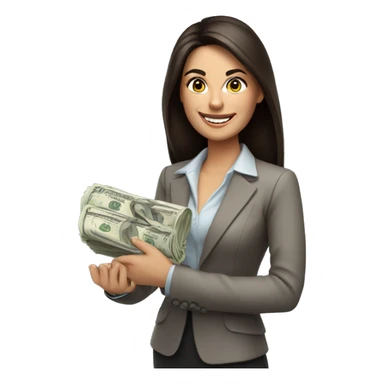 brunette business woman with money in her hand, smiling sticker