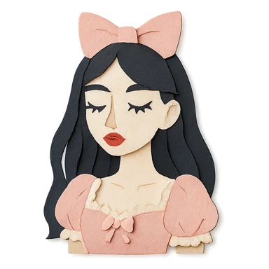 paper craft style illustration of a pale girl with long dark hair, pointy tip nose, full lips, long lashes, v-shaped jaw, in a light pink coquette outfit with lace details sticker