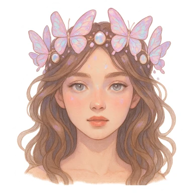 Change the butterfly crown to opal pink with iridescent butterflies and moonstone gems, magical and dreamy. Keep the background transparent. sticker