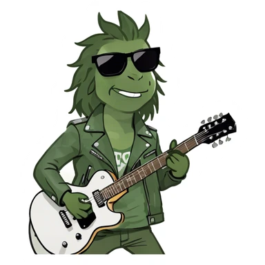 Super strong rockstar on the guitar while being shined on by a massive spotlight with his hair blowing and a cool aura sticker