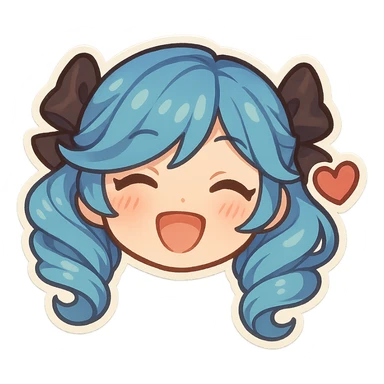 chibi style head of Gwen from League of Legends, happy expression with a heart sticker
