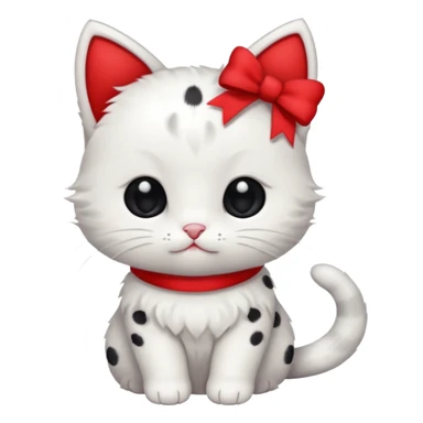 small white kitty with small black spots and a red bow, cute and simple sticker