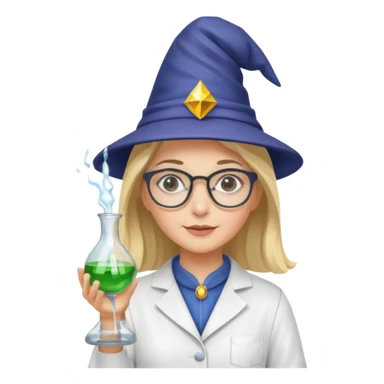 woman scientist with glasses, wearing wizard hat custome, with glass vase sticker