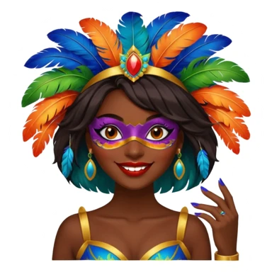 i need the same girl in "dark skin girl, dark red lipstick, nails very beautiful" to be smiling in "carnival mas costume, blue, green and orange preferably, full costume feathers at the back" she is to be smiling, hair should be dark and in a bob  sticker