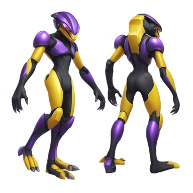 a shiny black-purple-yellow Genesect-Raptor-Fakémon—hybrid with a futuristic visor-helmet full body sticker