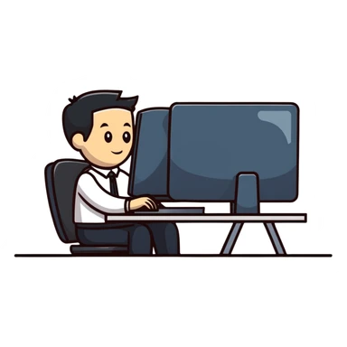 hombre con vestimenta semi-formal, de perfil, frente a una computadora en una mesa sencilla sticker