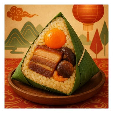 A zongzi with a cross-section showing sticky rice, salted egg yolk, braised pork belly, mushroom, and dried shrimp, wrapped in green bamboo leaves, for Dragon Boat Festival. sticker
