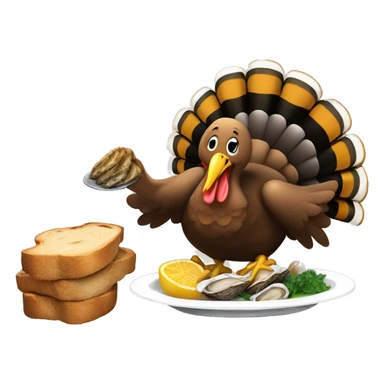Turkey holding slice of dark, black toasted bread with pan of oysters, fire sticker