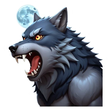 cinematic-noble-fierce-werewolf-howling-portrait-emoji, poised-and-imposing, with a fierce wolfish face tilted upwards in a haunting howl, glowing eyes full of primal ferocity, sharp, and a rugged snout, fur rippling in shades of midnight black and silver, muscles tensed as the powerful howl echoes beneath the moonlit sky; rendered with realism, capturing the raw, untamed power of the beast in its wild, primal state sticker