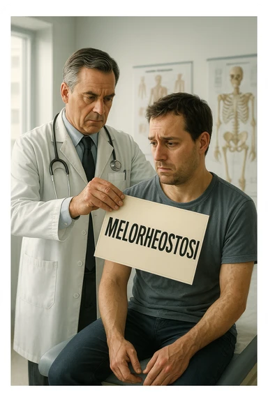 A realistic, cinematic illustration set in a bright, modern medical office. A middle-aged doctor in a white lab coat with a serious expression is shown gently placing a large paper label on the shoulder of a male patient sitting on the examination table. The label has the word 'Meloreostosi' written on it, symbolizing the act of labeling the patient with his rare bone condition. The patient looks confused and slightly disheartened, wearing a simple t-shirt with part of his arm exposed, showing subtle signs of bone thickening or deformation associated with melorheostosis. The background includes medical charts and a softly blurred skeleton model, emphasizing the medical setting. The lighting is bright but neutral, conveying a sterile, clinical atmosphere while focusing on the symbolic moment of receiving a diagnosis label. The mood is introspective and slightly heavy, illustrating the emotional weight of being defined by a rare chronic condition in italiano sticker