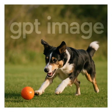  logo with text "gpt image" on the background of a dog chasing ball, realistic image sticker