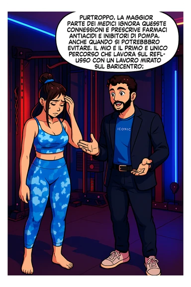 TRASFORMA QUESTO CAROSELLO IN UN FUMETTO STILE WEBTOON/MANGA A COLORI CON QUESTE DUE PERSONE IDENTICHE CHE INTERLOQUISCONO TRA LORO, L'uomo sta spiegando alla donna questo concetto MENTRE LA DONNA SI TIENE la mano sulla fronte sconcertata:

LUI (UOMO): Purtroppo, la maggior parte dei medici ignora queste connessioni e prescrive farmaci antiacidi e inibitori di pompa, anche quando si potrebbero evitare.
Il mio è il primo e unico percorso che lavora sul reflusso con un lavoro mirato sul baricentro; sticker