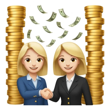 Девушка получает много денег и заключает выгодное сотрудничество. Она жмет руку коллеге и вокруг мешки денег  sticker