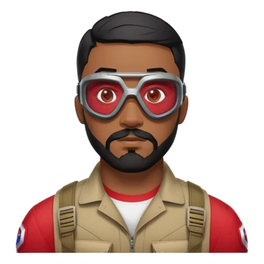 sam wilson with  short, neatly cropped black hair and a well-groomed beard that connects to his mustache,  wear sleek, red-tinted tactical goggles fit snugly from captain america: civil war sticker