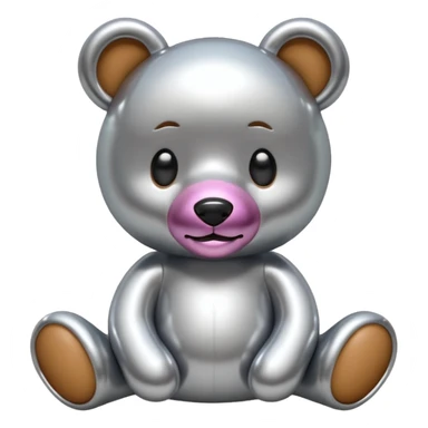 A cute teddy bear emoji made of liquid silver chrome, smooth rounded body, glossy metallic surface, soft reflections, friendly proportions, iOS emoji style, centered, clean white background sticker