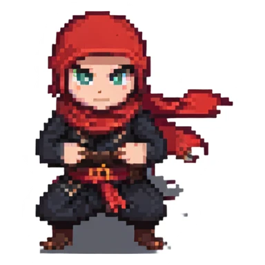 pixel art ninja, crouching, red scarf, throwing star sticker