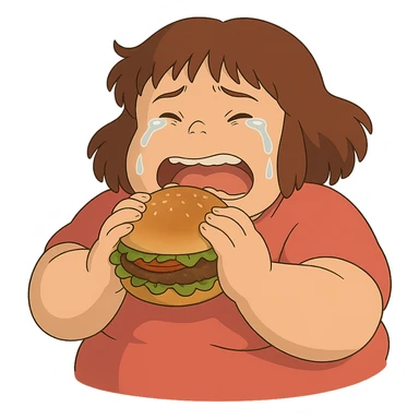 ghibli style fat girl crying and eating a burger sticker