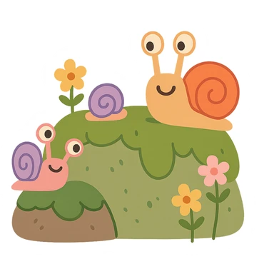 mossy rock with snails and small flowers in earthy pastel colors, pastel toon style sticker