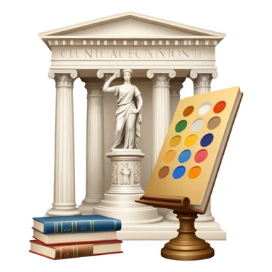 An icon featuring a paint palette, a sculpture, and a book, symbolizing the study of culture and art. The design includes a classical column and a canvas, representing art history and cultural exploration. Transparent background highlights the connection between creativity and history. sticker
