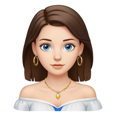 A pretty white girl with brunette hair blue eyes  thin gold hoop earrings and a matching gold necklace in a white shirt that cuts off the shoulders sticker