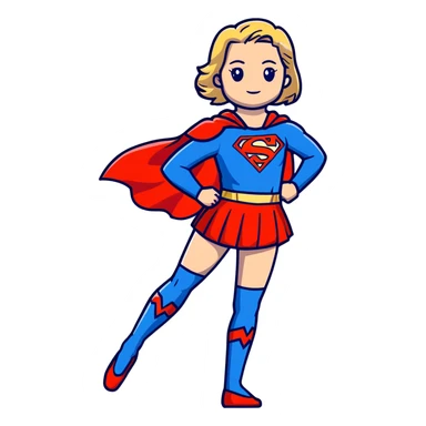 Supergirl in classic costume, full body view showing blue tights, red skirt, and cape with S symbol sticker