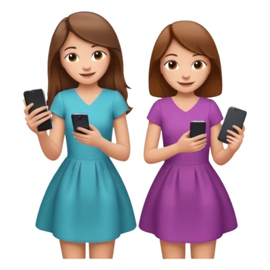 two brown haired girls, looking professional maybe leaned on each others back and looking forward and using phones, with longer hair and with some cute clothes without ties maybe dresses, one girl can hold lap top another one can hold the phone sticker