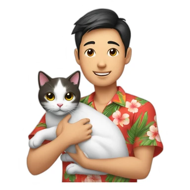Young Asian man in Hawaiian shirt holding a Chinese Li Hua cat in his arms sticker