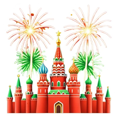 Apple style 3D emoji of New Year fireworks over Moscow. Vibrant multi-colored sparkling bursts (red, gold, green) in the sky. Below, a simplified glossy 3D silhouette of the Kremlin towers with glowing red stars. 
 sticker