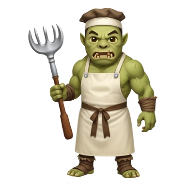 orc make Apron with "Kiss the Cook" (scratched out, replaced with "Fear the Cook"), giant rib bone as a weapon. sticker