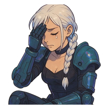  she is wearing armor, maximum power , facepalm smh, eyes closed and tearing up, a closeup portrait of young woman with gold yellow eyes, white hair, long braid, black off-shoulder top d-cup, punk gothic style, futuristic cyberwave cyberpunk, sitting position sticker