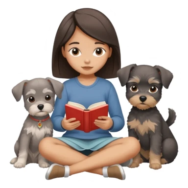 a girl sitting cross-legged reading a book, with a Schnauzer puppy curled up next to her, cozy and relaxing, iPhone icon style, minimalistic, soft color palette sticker