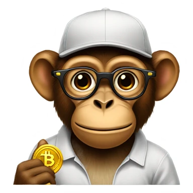 brown monkey in a cap with glasses holding a bitcoin sticker