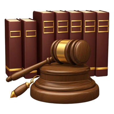 A 3D cartoon judge’s gavel resting on a block beside law books, warm wooden background, realistic Memoji-style rendering. sticker