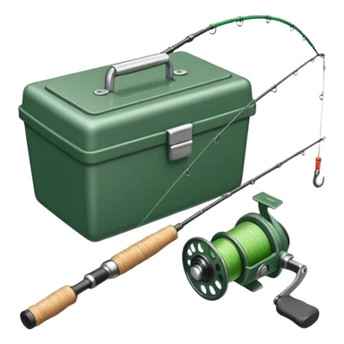 A fishing rod with reel and line neatly coiled beside a bait box.

 sticker