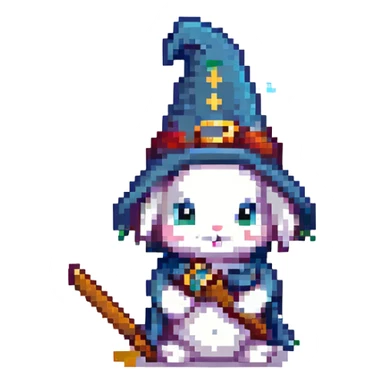wizard baby bunny holding a tiny wand, pixel art style sticker