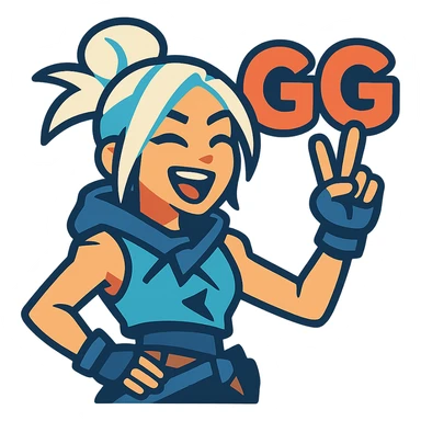 Jett from Valorant presenting 'GG' text, playful and victorious, vibrant colors sticker